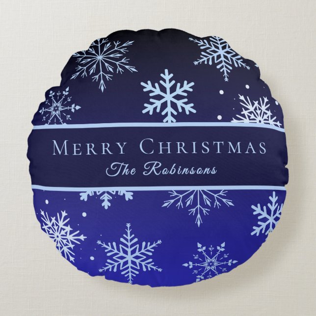 Modern Blue Snowflakes  Rundes Kissen (Vorderseite)