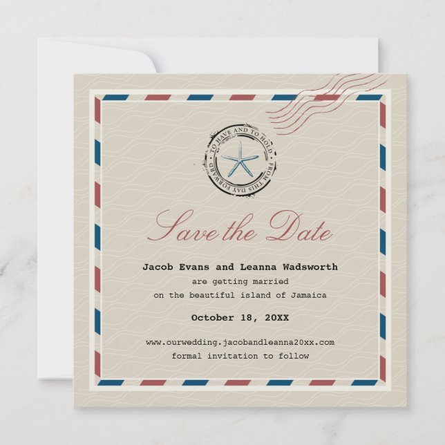 Modern Blue Starfish Antike Luftpost Save the Date (Vorderseite)