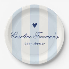 Modern Blue Stripe Heart Valentine Baby Shower Pappteller