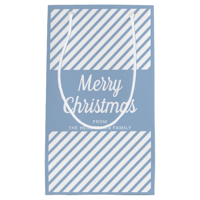 Modern Blue Stripes Script Frohe Weihnachten Kleine Geschenktüte (Vorderseite)