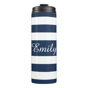 Modern Blue Stripes Script Thermosbecher