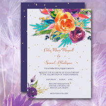 Modern Blue Tangerine Floral Wedding Invitation