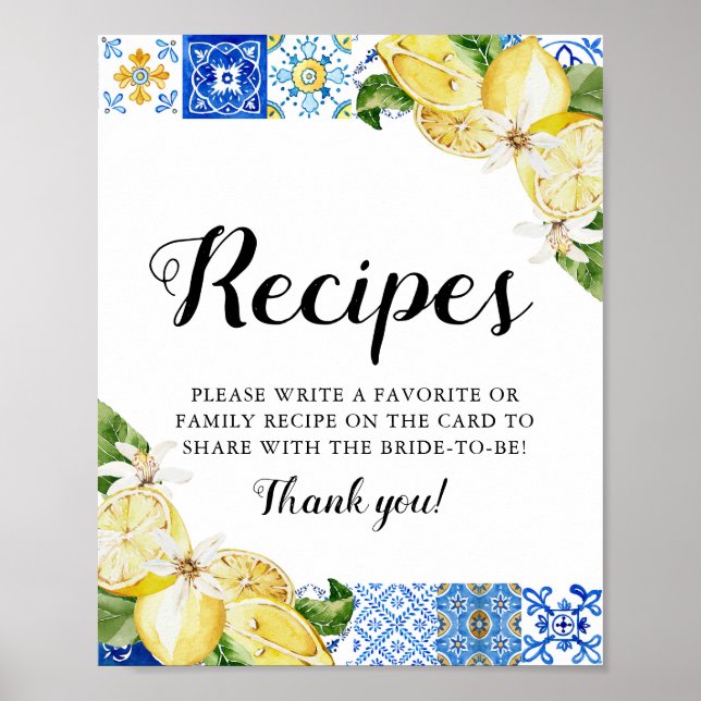 Modern Blue Tile Lemons Brautparty Rezept Zeichen Poster (Vorne)