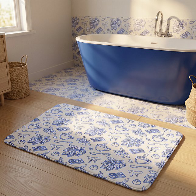 Modern Blue Toile Cacao and Chocolate Pattern Badematte (Von Creator hochgeladen)