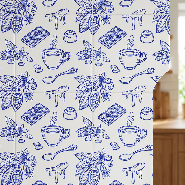 Modern Blue Toile Cacao and Chocolate Pattern Fliese (Von Creator hochgeladen)