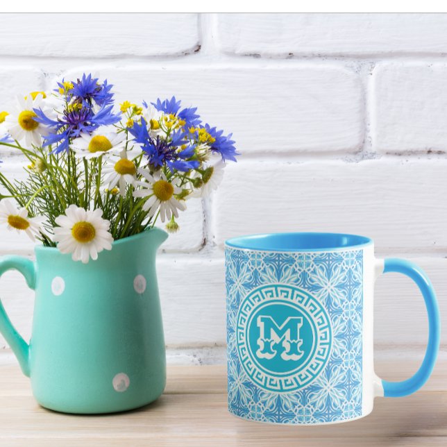 Modern Blue Trellis Print White Text Tasse (Blue Trellis Print mug)