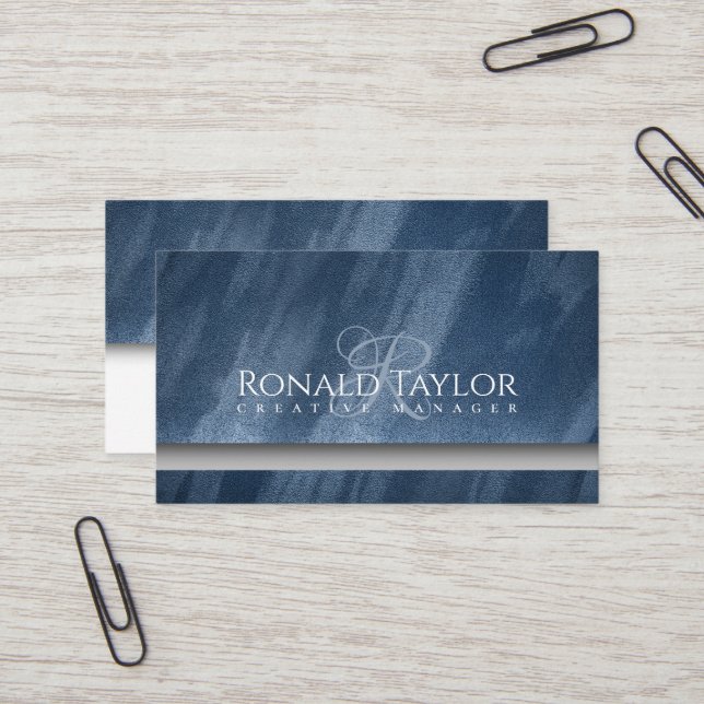 Modern Blue Velvet Textur Monogram Business Card Visitenkarte (Vorderseite/Rückseite Beispiel)
