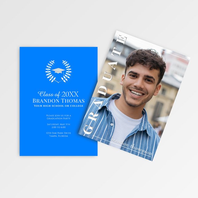 Modern Blue Vertical Name Graduation Photo Card Einladung (Bold blue graduation announcement featuring vertical “Graduate” text and customizable party info.)