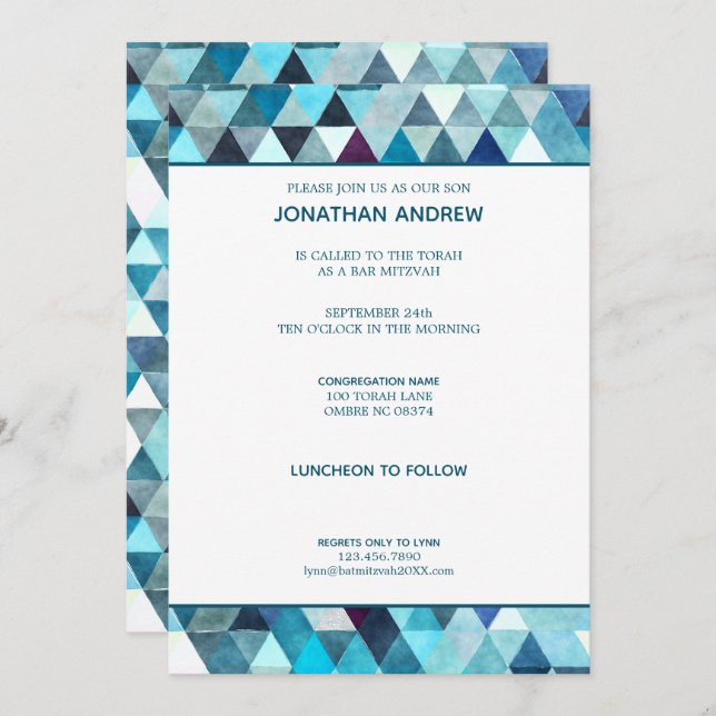 Modern Blue Watercolor Abstrakt Bar Mitzvah Einladung (Vorne/Hinten)