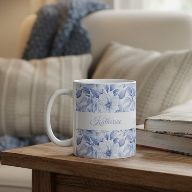 Modern Blue Watercolor Floral Pattern Name Kaffeetasse (Von Creator hochgeladen)