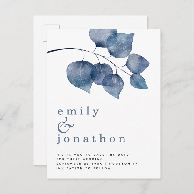 Modern Blue Watercolor Foliage Wedding Rett Date Ankündigungspostkarte (Vorne/Hinten)