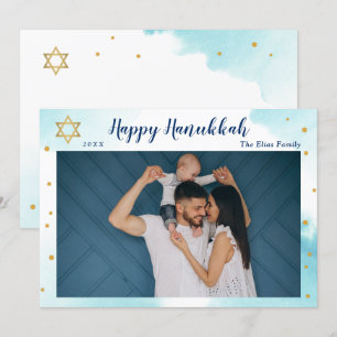 Modern Blue Watercolor Gold Happy Hanukkah Foto Feiertagskarte