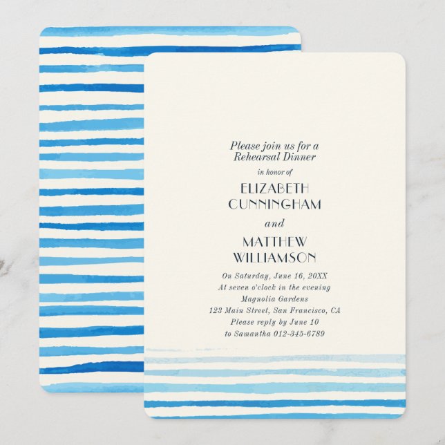 Modern Blue Watercolor Streifen Probe Abendessen Einladung (Vorne/Hinten)