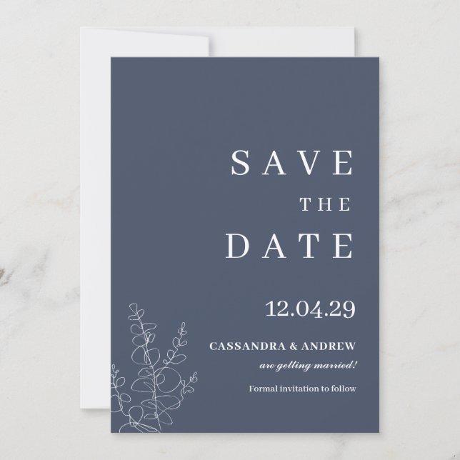Modern Blue Wedding Botcanical Save the Date Einladung (Vorderseite)