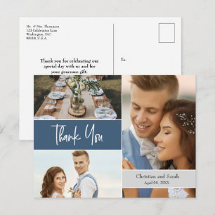 Modern Blue Wedding Foto Collage Danke Postkarte