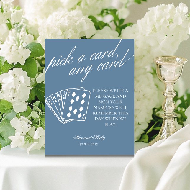Modern Blue Wedding Playing Cards Pedestal Zeichen Sockelschild (Add a fun touch to your wedding or event with this modern serif playing cards guest book sign.)