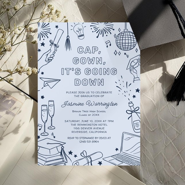 Modern Blue Whimsical Doodle Graduation Einladung (Von Creator hochgeladen)