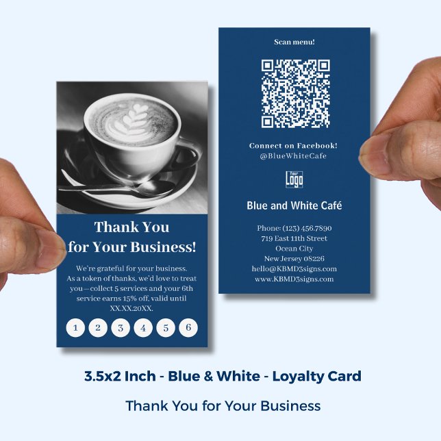 Modern Blue & White Cafe with Logo Thank You Punch Treuekarte (Modern Blue & White Cafe with Logo Thank You Punch Loyalty Card; Size: 3.5x2 Inch, Portrait Format)