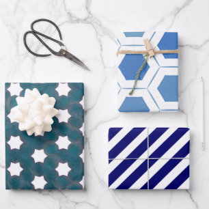 Modern Blue White Geometric Geschenkpapier Set