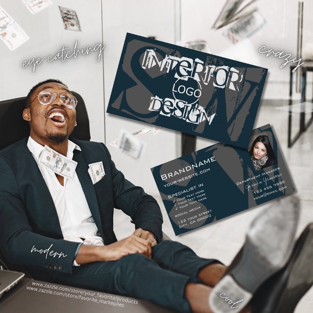 Modern Blue White Gray mit Monogram für das Foto L Visitenkarte (Von Creator hochgeladen)