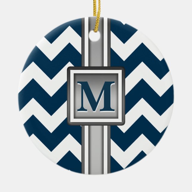 Modern Blue White Gray Mit Monogramm Zickzack Keramikornament (Vorne)