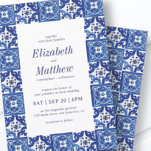 Modern Blue & White Mediterranean Tiles Wedding Einladung