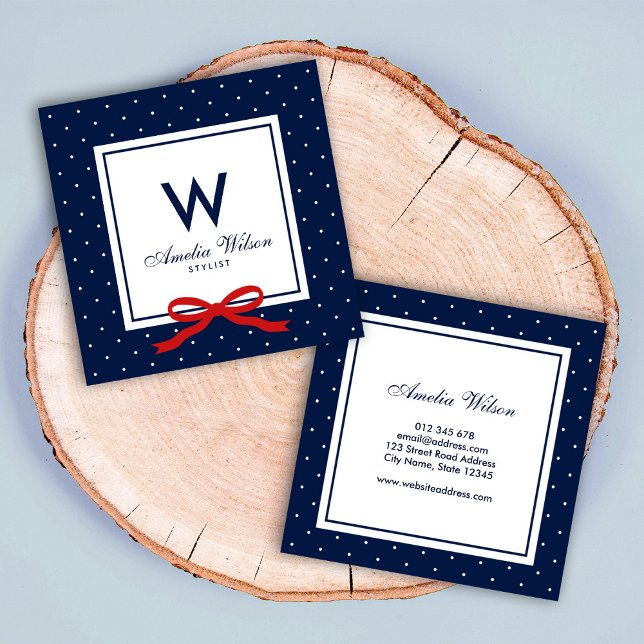 Modern Blue White Polka Dot Red Ribbon Monogram Quadratische Visitenkarte (Von Creator hochgeladen)