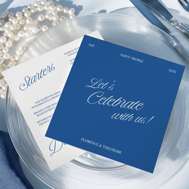 Modern Blue & White Script Wedding Menu Card Einladung (Modern Blue & White Script Wedding Menu Card)