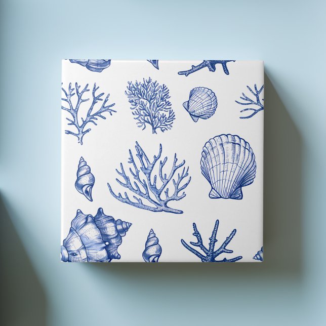 Modern Blue White Seashell Corean Ocean Muster Fliese (Modern Blue White Seashell Coral Ocean Pattern Ceramic Tile)