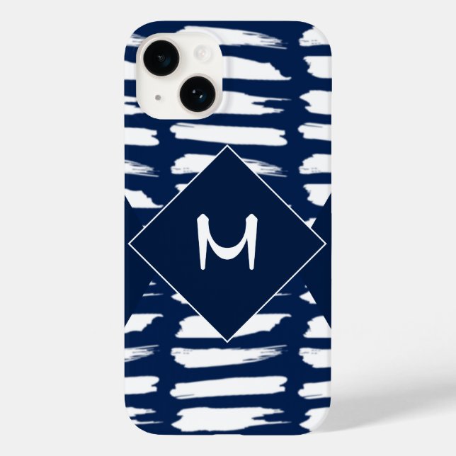 Modern Blue White Strip Monogram Custom Case-Mate iPhone Hülle (Rückseite)