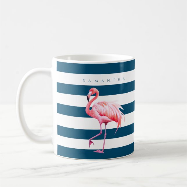 Modern Blue White Strip Pink Flamingo Individuelle Kaffeetasse (Links)