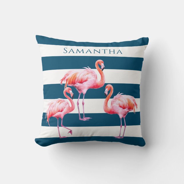Modern Blue White Strip Pink Flamingo Individuelle Kissen (Vorderseite)