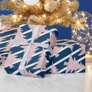 Modern Blue White Stripe Rose Gold Weihnachtsbaum Geschenkpapier