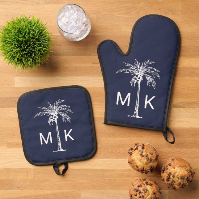 Modern Blue White Tropical Palm Tree Monogram Ofenhandschuh & Topflappen-Set (Oben Unten)