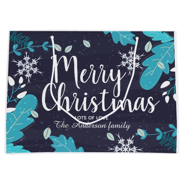 Modern Blue Winter Botanical Custom Christmas Große Geschenktüte (Vorderseite)
