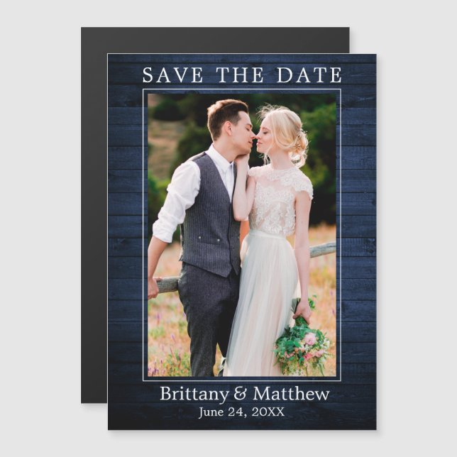 Modern Blue Wood Print Magnetic Save the Date Magnetkarte (Vorne/Hinten)