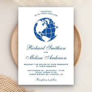 Modern Blue World Map Globe Hochzeitseinladung Einladung