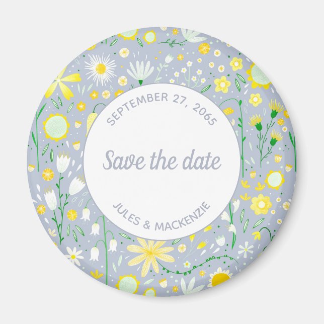 Modern Blue Yellow Floral Save the Date Magnet (Vorne)