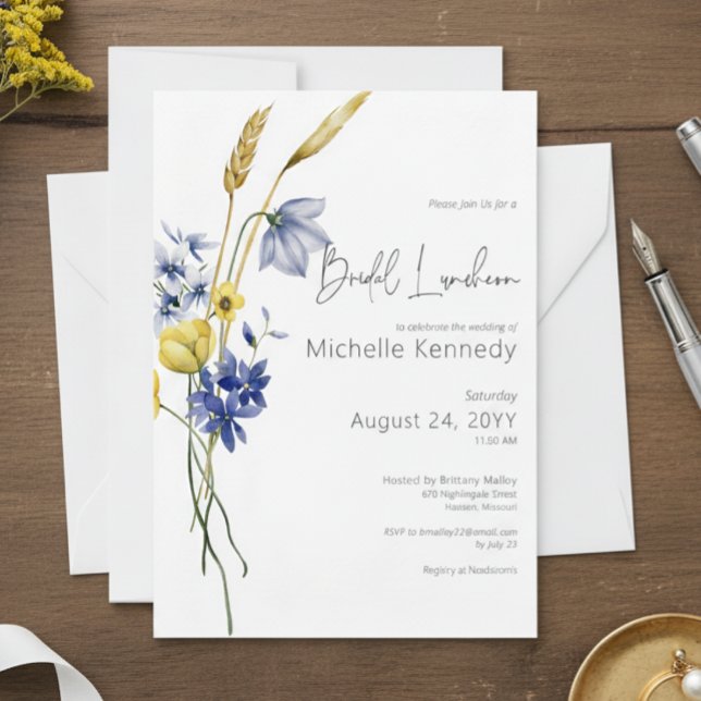Modern Blue & Yellow Wildflowers Bridal Luncheon Einladung (Von Creator hochgeladen)