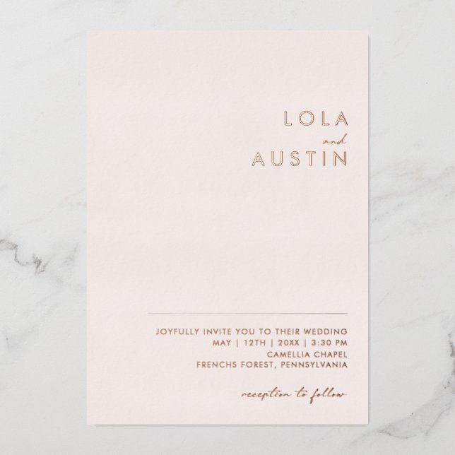 Modern | Blush and Rose Gold Lässige Hochzeit real Folieneinladung (Vorderseite)