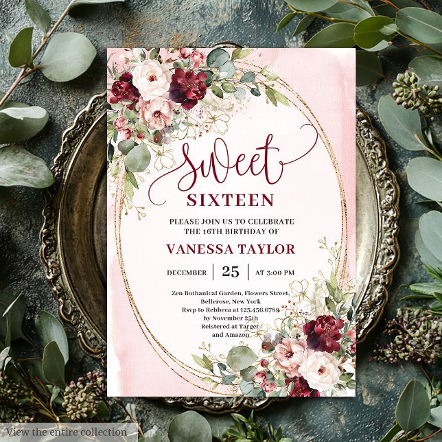 Modern Blush Burgundy Gold Floral Sweet Sixteen  Einladung (Modern Blush Burgundy Gold Floral Sweet Sixteen Invite

)