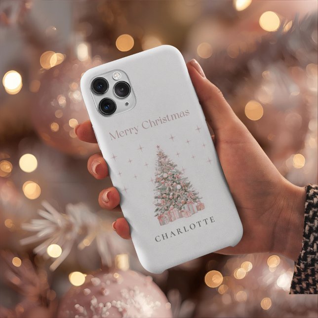Modern Blush Christmas Tree Personalized Holiday  iPhone Hülle (Von Creator hochgeladen)