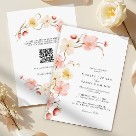 Modern Blush Floral QR Code All In One Wedding Einladung