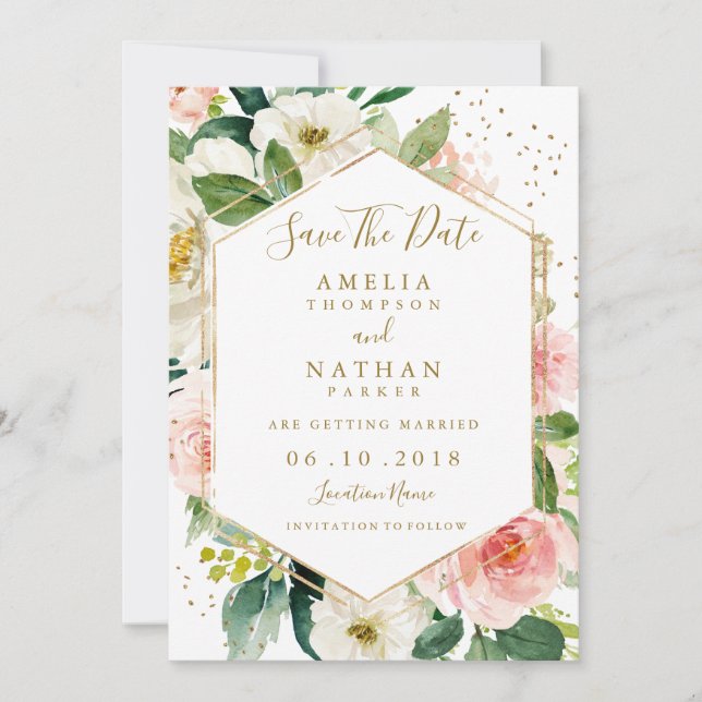 Modern Blush Gold Floral Wasserfarbe Save the Date (Vorderseite)