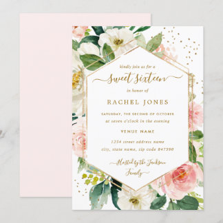 Modern Blush Gold Floral Watercolor 16 . Geburtsta Einladung