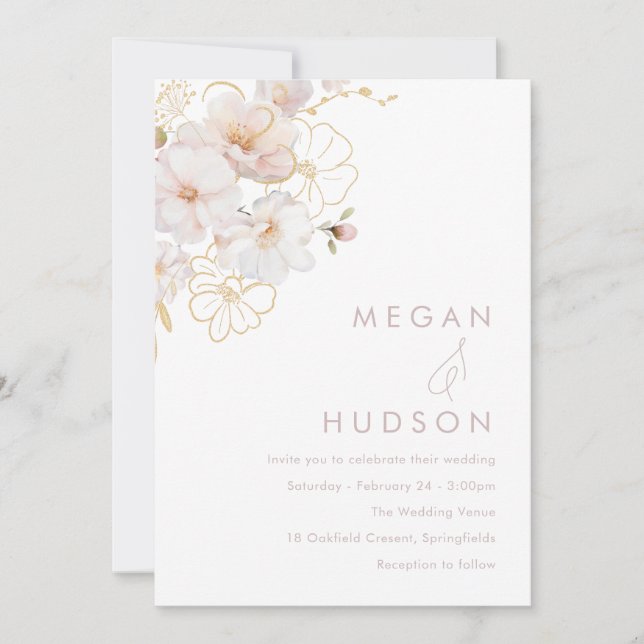 Modern Blush & Gold Wildflower Wedding Einladung (Vorderseite)