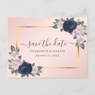 Modern Blush Navy Blue Gold Floral Save the Date Ankündigungspostkarte