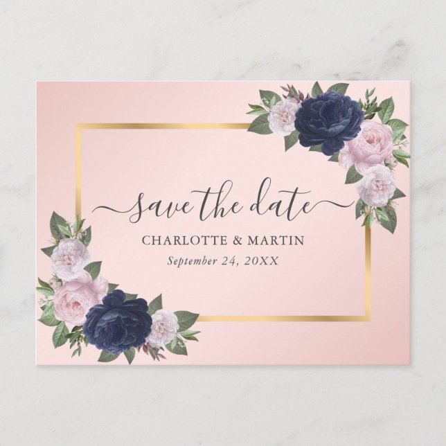 Modern Blush Navy Blue Gold Floral Save the Date Ankündigungspostkarte (Vorderseite)