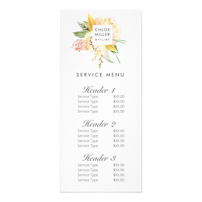 Modern Blush Peach Floral Service Menu Price List Werbekarte (Vorne)