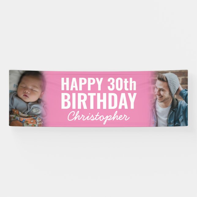Modern Blush Pink 2 Foto Happy Birthday Party Banner (Horizontal)